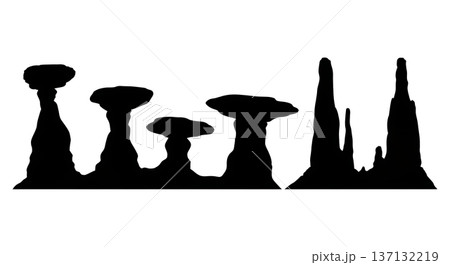Black Solid Hoodoo Rock Formation Silhouettes Set of Six on White Background Black Solid Hoodoo Rock Formation Silhouettes Set of Six on White Background 137132219