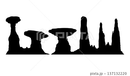 Black Solid Hoodoo Rock Formation Silhouettes Set of Six on White Background 137132220