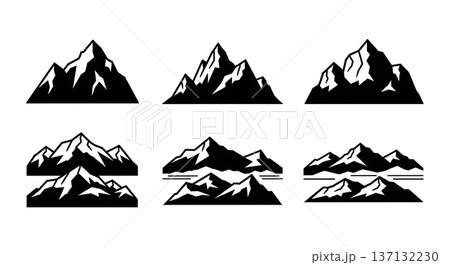 Black Solid Ice Covered Arctic Mountain Silhouettes Set of Six on White Background Black Solid Ice Covered Arctic Mountain Silhouettes Set of Six on White Background 137132230