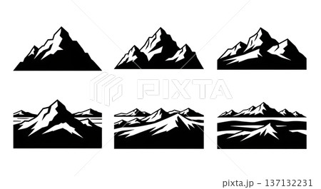 Black Solid Ice Covered Arctic Mountain Silhouettes Set of Six on White Background 137132231