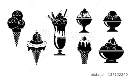 Black Solid Ice Cream Scoop Silhouettes Set of Six on White Background Black Solid Ice Cream Scoop Silhouettes Set of Six on White Background 137132240
