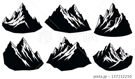 Black Solid Jagged Himalayan Mountain Peaks Set of Six on White Background 137132250
