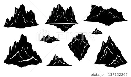 Black Solid Arctic Iceberg Mountain Silhouettes Set of Six on White Background Black Solid Arctic Iceberg Mountain Silhouettes Set of Six on White Background 137132265