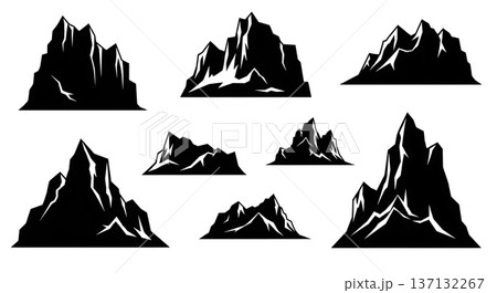 Black Solid Arctic Iceberg Mountain Silhouettes Set of Six on White Background Black Solid Arctic Iceberg Mountain Silhouettes Set of Six on White Background 137132267
