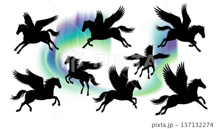 Black Solid Aurora Flight Pegasus Silhouettes Set of Six on White Background 137132274