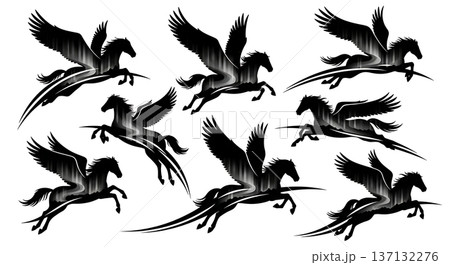 Black Solid Aurora Flight Pegasus Silhouettes Set of Six on White Background 137132276
