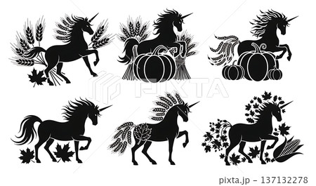 Black Solid Autumn Harvest Unicorn Silhouettes Set of Six on White Background 137132278