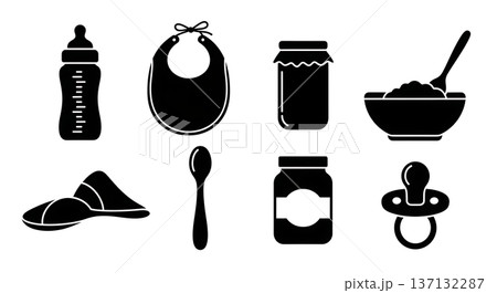 Black Solid Baby Food Silhouettes Set of Six on White Background Black Solid Baby Food Silhouettes Set of Six on White Background 137132287