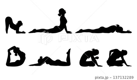 Black Solid Back Health Childs Pose Silhouettes Set of Six on White Background Black Solid Back Health Childs Pose Silhouettes Set of Six on White Background 137132289