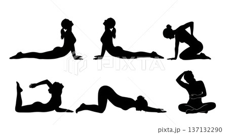 Black Solid Back Health Childs Pose Silhouettes Set of Six on White Background Black Solid Back Health Childs Pose Silhouettes Set of Six on White Background 137132290