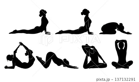 Black Solid Back Health Childs Pose Silhouettes Set of Six on White Background Black Solid Back Health Childs Pose Silhouettes Set of Six on White Background 137132291
