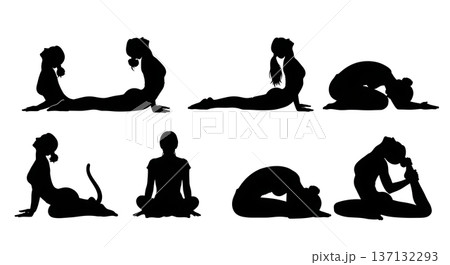 Black Solid Back Health Cobra Yoga Silhouettes Set of Six on White Background Black Solid Back Health Cobra Yoga Silhouettes Set of Six on White Background 137132293