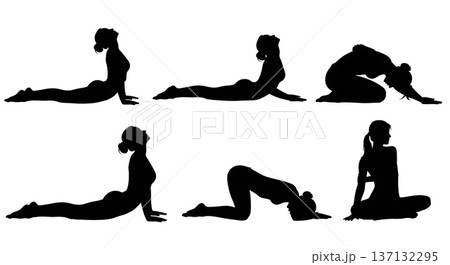 Black Solid Back Health Cobra Yoga Silhouettes Set of Six on White Background Black Solid Back Health Cobra Yoga Silhouettes Set of Six on White Background 137132295