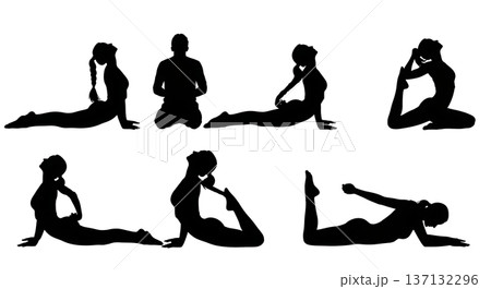 Black Solid Back Health Cobra Yoga Silhouettes Set of Six on White Background 137132296