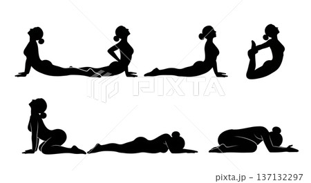 Black Solid Back Health Relief Yoga Silhouettes Set of Six on White Background Black Solid Back Health Relief Yoga Silhouettes Set of Six on White Background 137132297