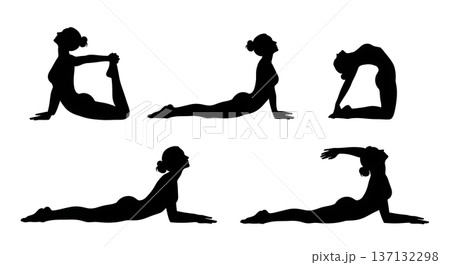 Black Solid Back Health Relief Yoga Silhouettes Set of Six on White Background 137132298