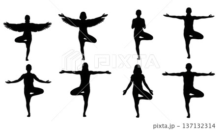 Black Solid Balance Focus Tree Yoga Silhouettes Set of Six on White Background 137132314