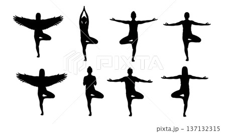 Black Solid Balance Focus Tree Yoga Silhouettes Set of Six on White Background Black Solid Balance Focus Tree Yoga Silhouettes Set of Six on White Background 137132315