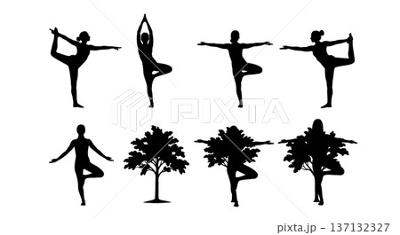 Black Solid Balance Grace Dancer Yoga Silhouettes Set of Six on White Background Black Solid Balance Grace Dancer Yoga Silhouettes Set of Six on White Background 137132327