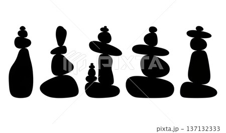 Black Solid Balancing Rock Silhouettes Set of Six on White Background 137132333