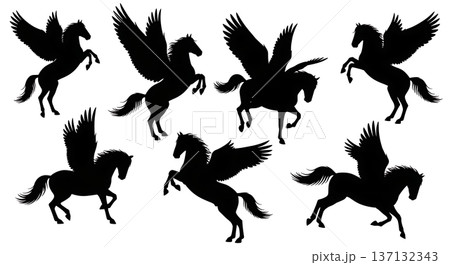 Black Solid Barrel Roll Pegasus Silhouettes Set of Six on White Background Black Solid Barrel Roll Pegasus Silhouettes Set of Six on White Background 137132343