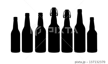Black Solid Beer Bottle Silhouettes Set of Six on White Background Black Solid Beer Bottle Silhouettes Set of Six on White Background 137132370