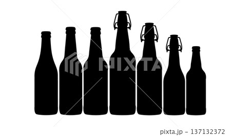 Black Solid Beer Bottle Silhouettes Set of Six on White Background 137132372