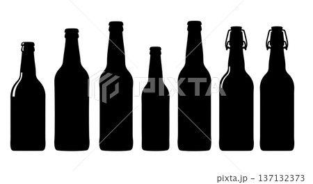 Black Solid Beer Bottle Silhouettes Set of Six on White Background 137132373