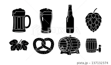 Black Solid Beer Silhouettes Set of Six on White Background 137132374