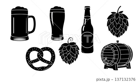 Black Solid Beer Silhouettes Set of Six on White Background Black Solid Beer Silhouettes Set of Six on White Background 137132376