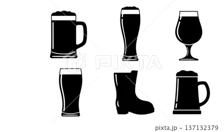 Black Solid Beer Glass Silhouettes Set of Six on White Background Black Solid Beer Glass Silhouettes Set of Six on White Background 137132379