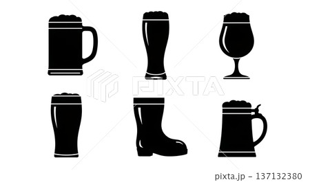 Black Solid Beer Glass Silhouettes Set of Six on White Background Black Solid Beer Glass Silhouettes Set of Six on White Background 137132380