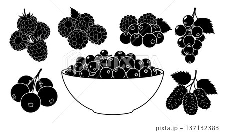Black Solid Berry Bowl Silhouettes Set of Six on White Background 137132383