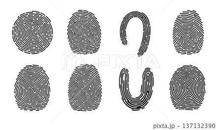 Black Solid Biometric Fingerprint Silhouettes Set of Six on White Background Black Solid Biometric Fingerprint Silhouettes Set of Six on White Background 137132390