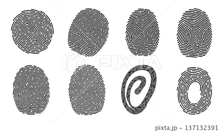 Black Solid Biometric Fingerprint Silhouettes Set of Six on White Background 137132391