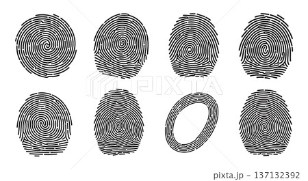 Black Solid Biometric Fingerprint Silhouettes Set of Six on White Background Black Solid Biometric Fingerprint Silhouettes Set of Six on White Background 137132392