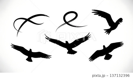 Black Solid Bird Flight Path Silhouettes Set of Six on White Background 137132396