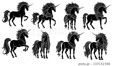 Black Solid Braided Unicorn Silhouettes Set of Six on White Background Black Solid Braided Unicorn Silhouettes Set of Six on White Background 137132398