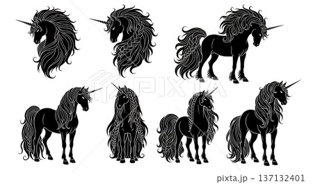 Black Solid Braided Unicorn Silhouettes Set of Six on White Background Black Solid Braided Unicorn Silhouettes Set of Six on White Background 137132401