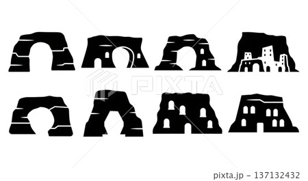 Black Solid Canyon Cave Dwelling Silhouettes Set of Six on White Background 137132432