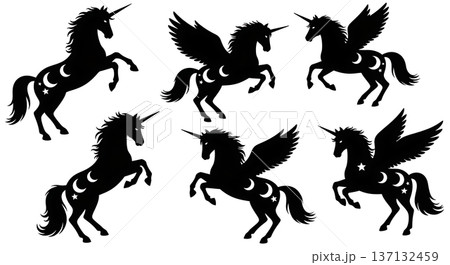 Black Solid Celestial Magic Unicorn Silhouettes Set of Six on White Background Black Solid Celestial Magic Unicorn Silhouettes Set of Six on White Background 137132459