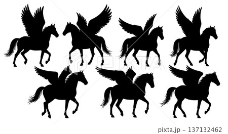 Black Solid Celestial Pegasus Silhouettes Set of Six on White Background Black Solid Celestial Pegasus Silhouettes Set of Six on White Background 137132462