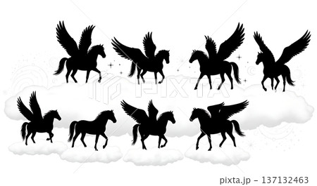 Black Solid Celestial Pegasus Silhouettes Set of Six on White Background Black Solid Celestial Pegasus Silhouettes Set of Six on White Background 137132463