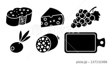Black Solid Charcuterie Silhouettes Set of Six on White Background Black Solid Charcuterie Silhouettes Set of Six on White Background 137132466