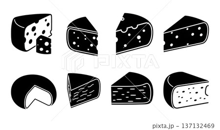 Black Solid Cheese Slice Silhouettes Set of Six on White Background Black Solid Cheese Slice Silhouettes Set of Six on White Background 137132469