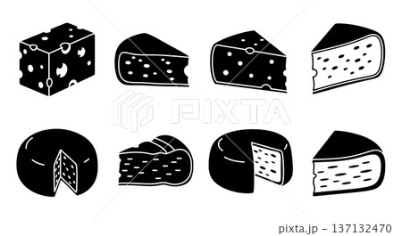 Black Solid Cheese Slice Silhouettes Set of Six on White Background 137132470