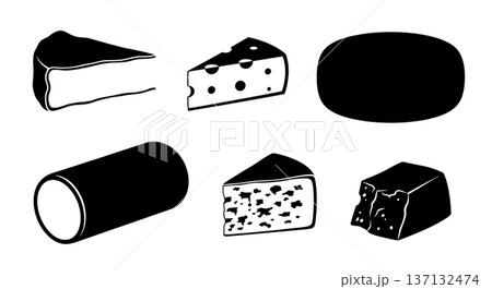 Black Solid Cheese Silhouettes Set of Six on White Background 137132474