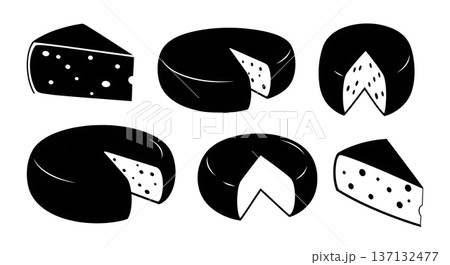 Black Solid Cheese Wheel Silhouettes Set of Six on White Background 137132477
