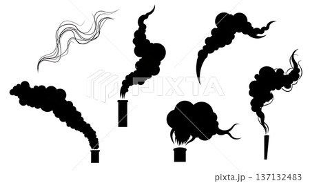 Black Solid Chimney Smoke Silhouettes Set of Six on White Background 137132483