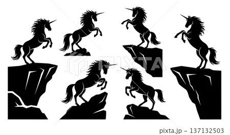 Black Solid Cliff Rearing Unicorn Silhouettes Set of Six on White Background 137132503